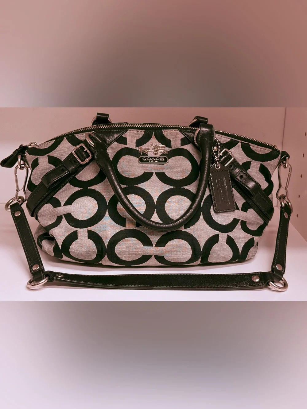 Coach Op Art Signature Jacquard Satchel Crossbody Black Ivory Style 17000 EUC